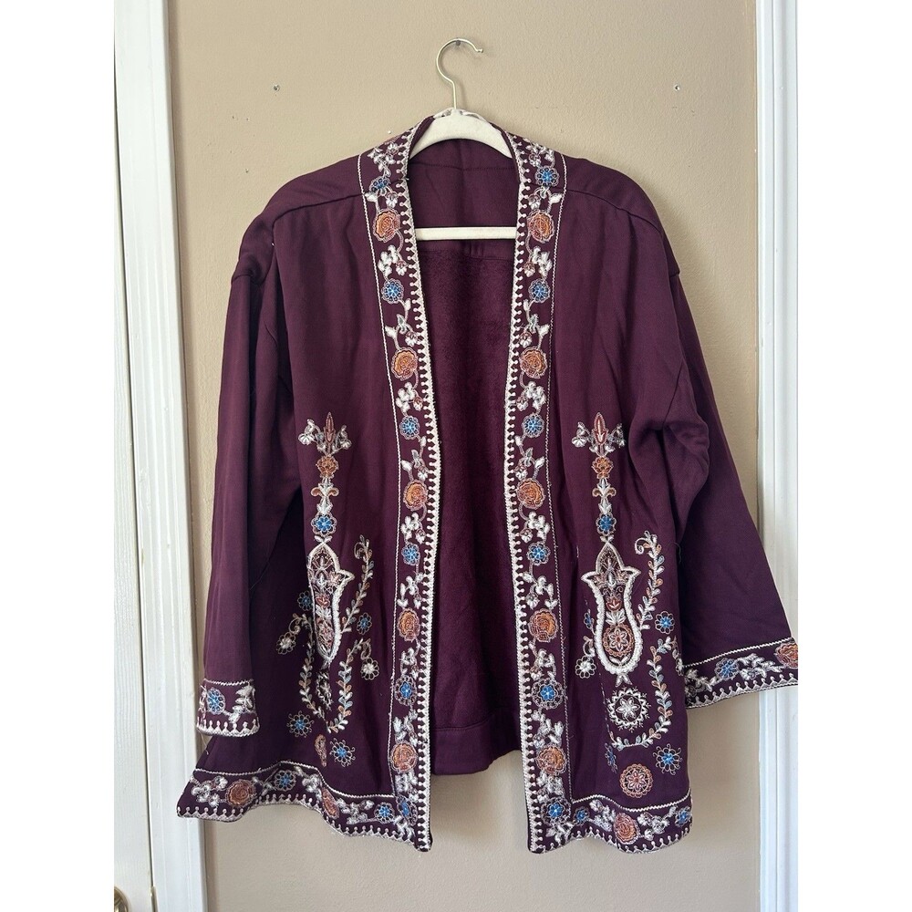 Soft Surroundings Womens Jacket 1X Embroidered Floral Artsy Boho Chic Kimono